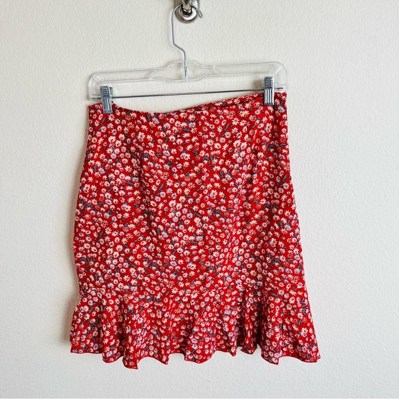 Red Ditsy Floral Ruched Ruffle Ruched Self Tie Chiffon Mini Skirt - Picture 6 of 6